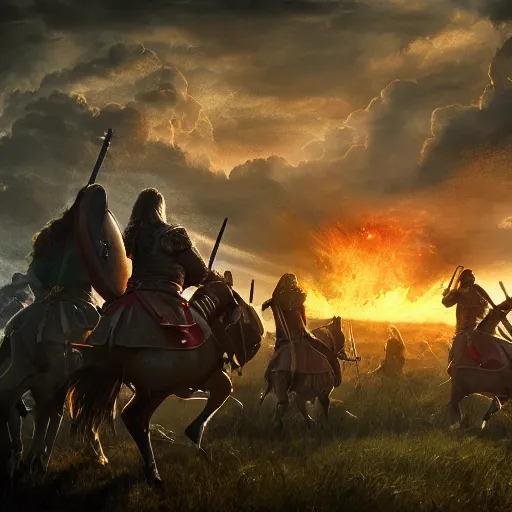 Image similar to medieval battle, with medieval fantasy soliders, vikings, saxons, knights, crusaders, lord of the rings, cgsociety, realistic, golden ratio, octane render, rule of thirds, wide shot, 8 k resolution, epic volumetric light, cinematography, concept art, artstation trending, environments, fantasy