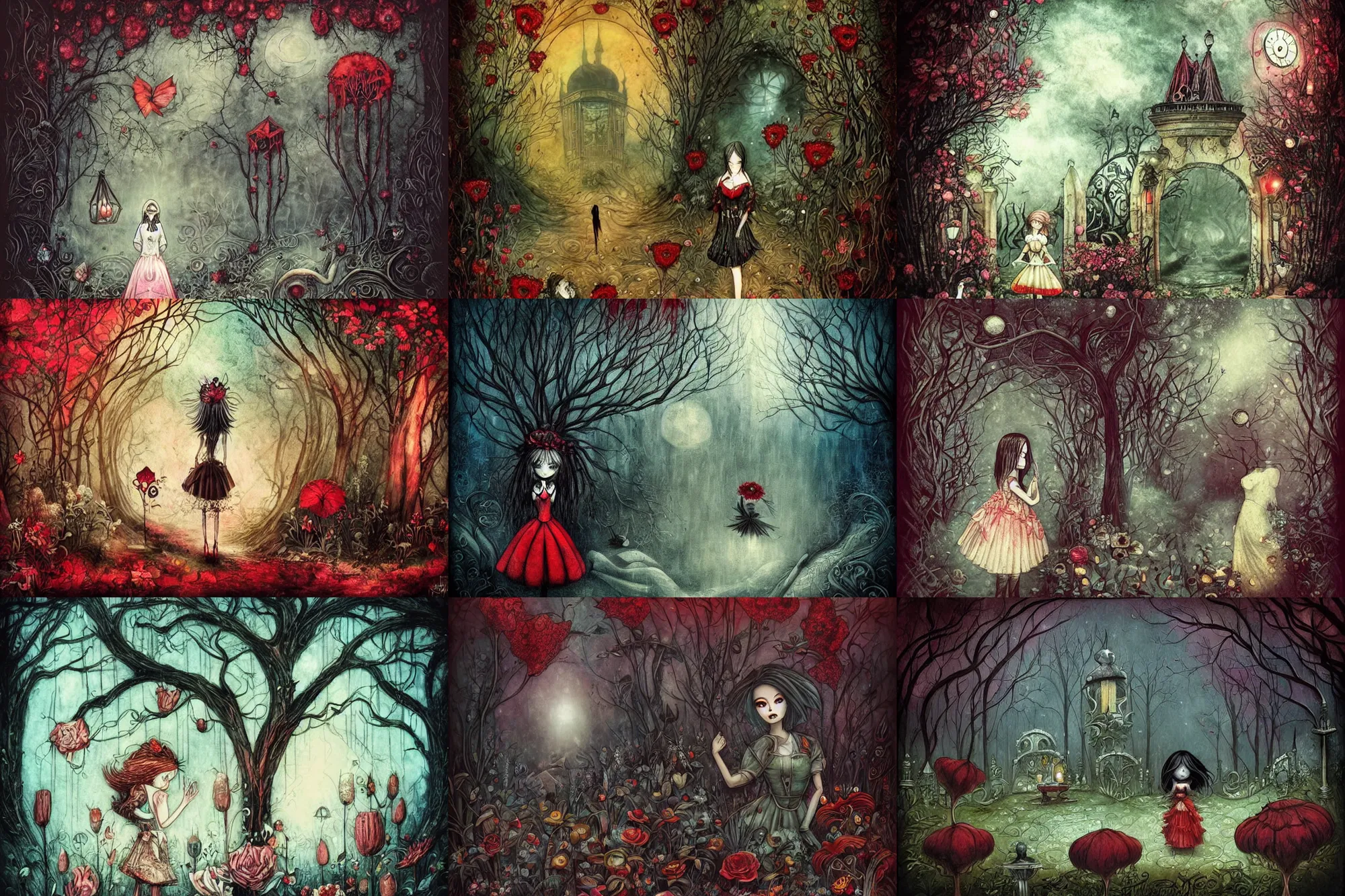 Prompt: Alice returns to the hall and finally gets into the beautiful garden, dramatic, art style Megan Duncanson and Benjamin Lacombe, super details, dark dull colors, ornate background, mysterious, eerie, sinister
