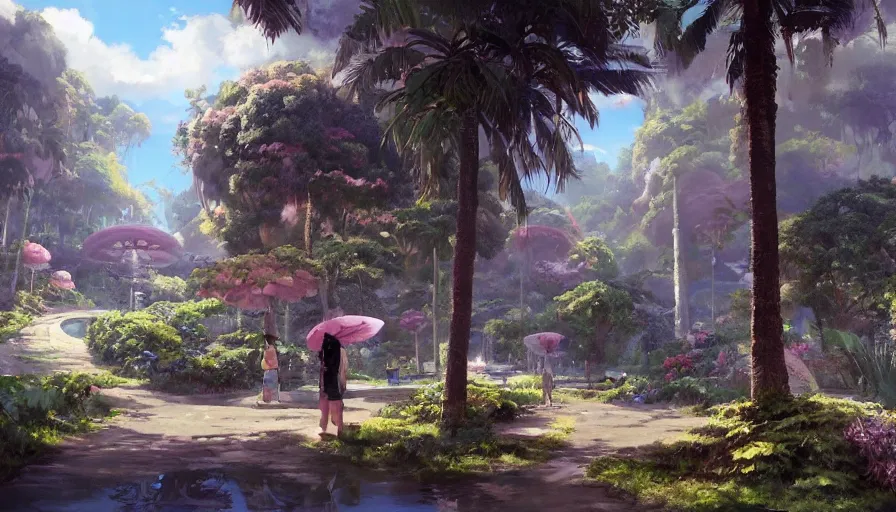 Image similar to craig mullins and studio ghibli illustration of a future sphere living space, lush landscape, science fiction landscape, flowers, flying saucers, palm trees, people, unreal engine, hyper realism, realistic shading, cinematic composition, realistic render, octane render, detailed textures, photorealistic, wide shot