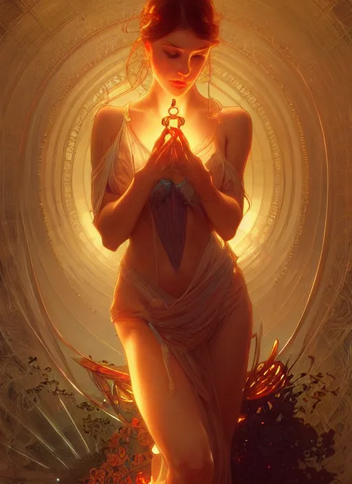 Image similar to water, glowing lights!! intricate elegant, highly detailed, digital painting, artstation, concept art, smooth, sharp focus, illustration, art by ( ( ( artgerm ) ) ) and greg rutkowski! and ( ( alphonse mucha ) )