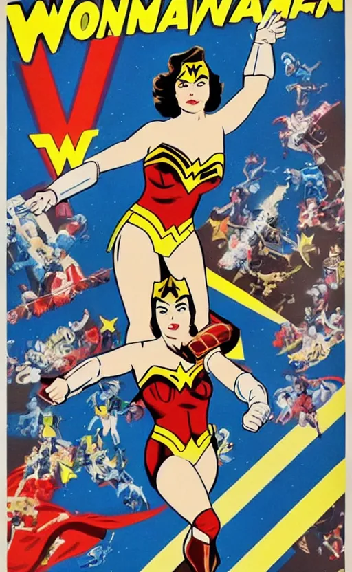 Prompt: ingrid bergman as wonder woman. poster for the 1 9 4 8 film'wonder woman versus the robots '. colourful detailed painted collage. action. beautiful. powerful.