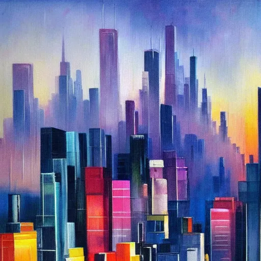 Prompt: a painting of a cityscape with buildings in the background, an abstract painting by stanton macdonald - wright, cgsociety, lyrical abstraction, cityscape, dystopian art, impressionism!!!!!!!