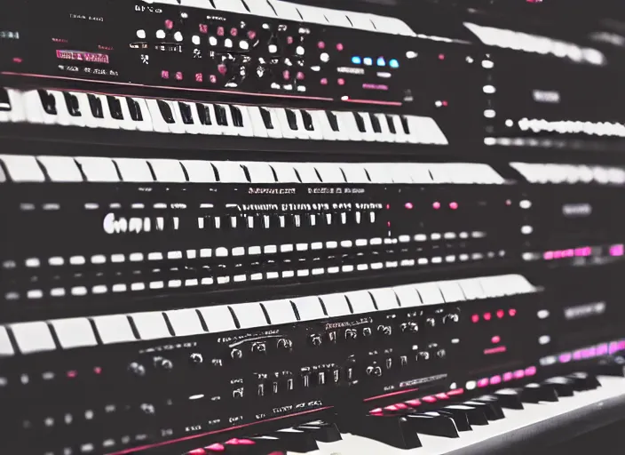 Image similar to photo still of a rack of keyboard synthesizers, 8 k