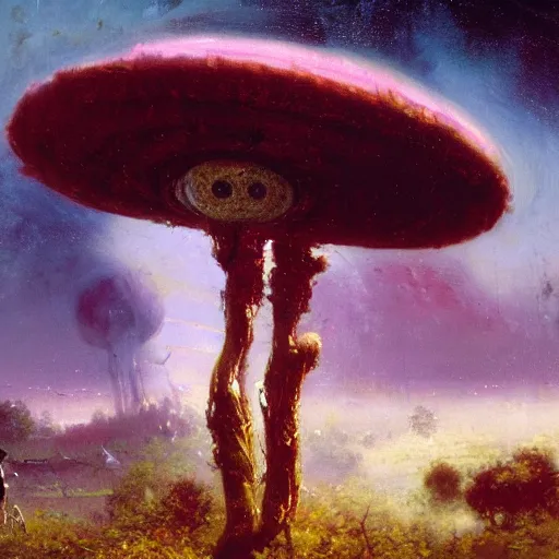 Image similar to a lovely picture of a mycelium alien by john berkey, by george inness, by john harris, purple and red and white gradient colour theme, trending on deviantart, rendered in blender, 8 k resolution