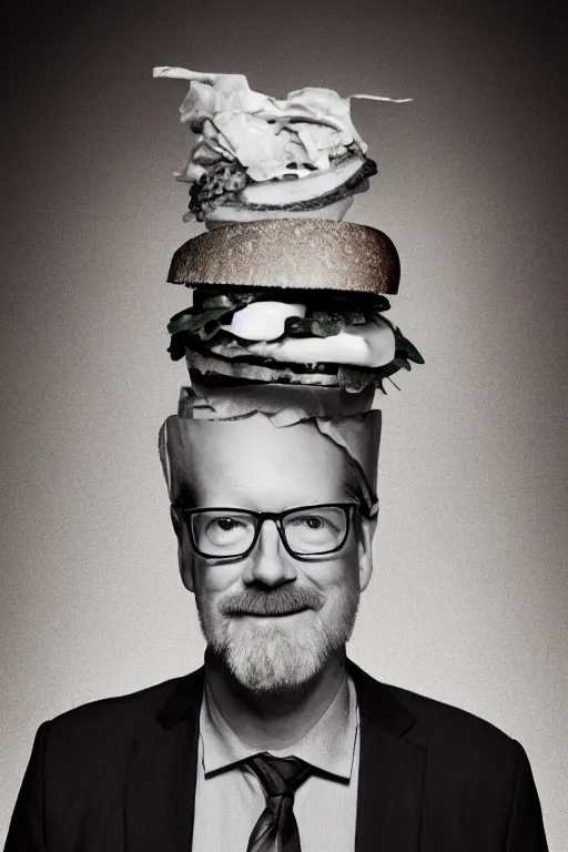 Image similar to 📷 portrait of adam savage the sandwich, food head, still image, dynamic lighting, 4 k