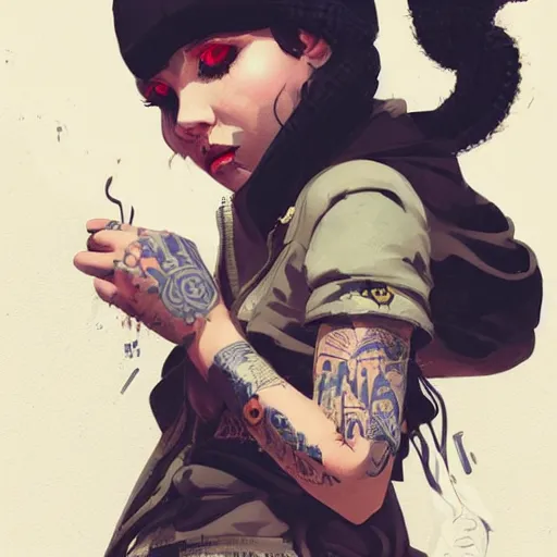 Image similar to highly detailed portrait of a sewer punk lady, tartan hoody, white ringlet hair by atey ghailan, by greg rutkowski, by greg tocchini, by james gilleard, by joe fenton, by kaethe butcher, gradient peach, brown, blonde cream and white color scheme, grunge aesthetic!!! ( ( graffiti tag wall background ) )