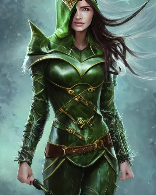 Prompt: a beautiful image of a young woman, green elf ranger with long flowing hair and a green leather hood, elf ranger leather armor with olive green and brown colors and gold lining, young female face, realistic body proportions, proper female figure, inside deep in a magical forest, cinematic top lighting, insanely detailed and intricate, face by wlop, Charlie Bowater, designs by zhelong xu and gustave doré, golden ratio, symmetric, elegant, ornate, luxury, elite, matte painting, cinematic, trending on artstation, deviantart and cgsociety, 8k, high resolution