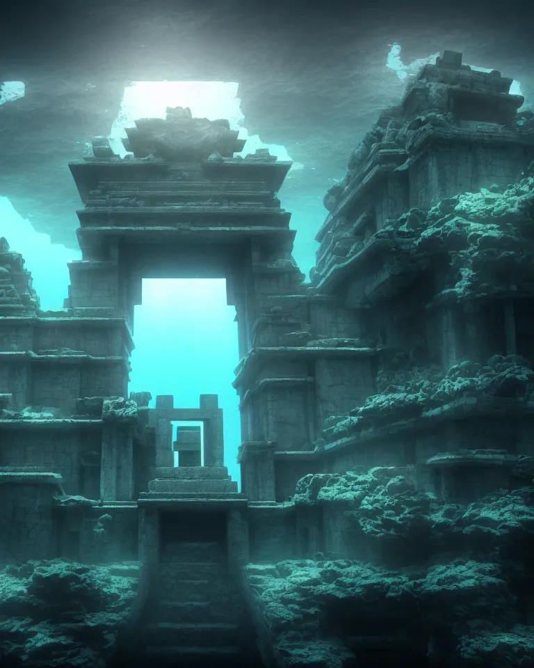 Image similar to ultrawide shot of submerged pre - incan temple, anime style mixed with fujifilm, dark, underwater, symmetrical, bubbles, abyss, dark, murky, foggy, atmospheric, crepuscular rays, artstation, cgsociety, octane render, cgi, unreal engine 5, denoise, detailed, cinematic masterpiece