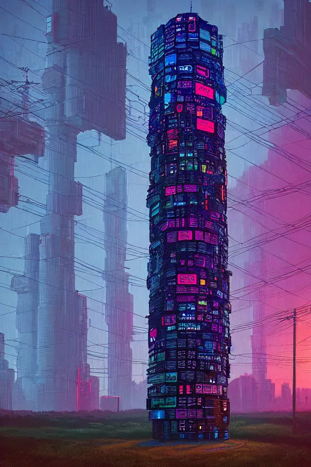 Image similar to cyberpunk tower made out of billions of stacked computer screens by simon stalenhag and dan mumford