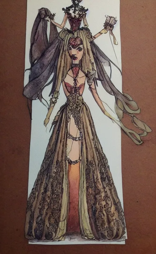 Image similar to steampunk princess dress design, watercolor