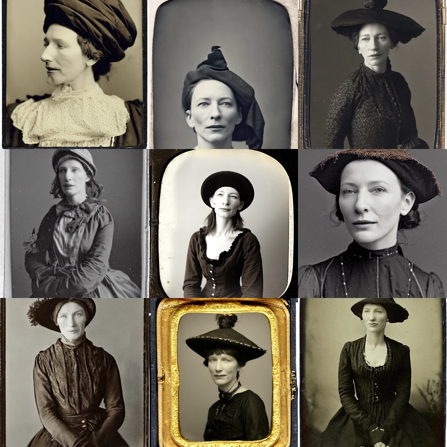 Prompt: mid 1 9 th century, thirtysomethins years old, amused!!, cate blanchett with termed kyphosis as an austro - hungarian woman ( with messy bun, brown hair, ( ( ( black witch hat ) ) ) ), daguerreotype by emil rabending