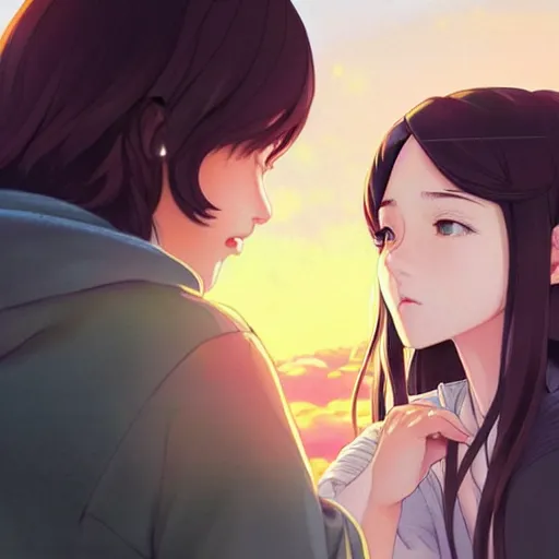 Image similar to a beautiful girl with long dark hair, sitting in the park next to her younger brother who has dark hair, sunset, evening, sharp focus, intricate, digital painting, artstation, official media, anime key visual, highly detailed, rich vivid colors, ambient lighting, illustration, art by Artgerm, Makoto Shinkai, Ilya Kuvshinov, Lois Van Baarle, and Rossdraws