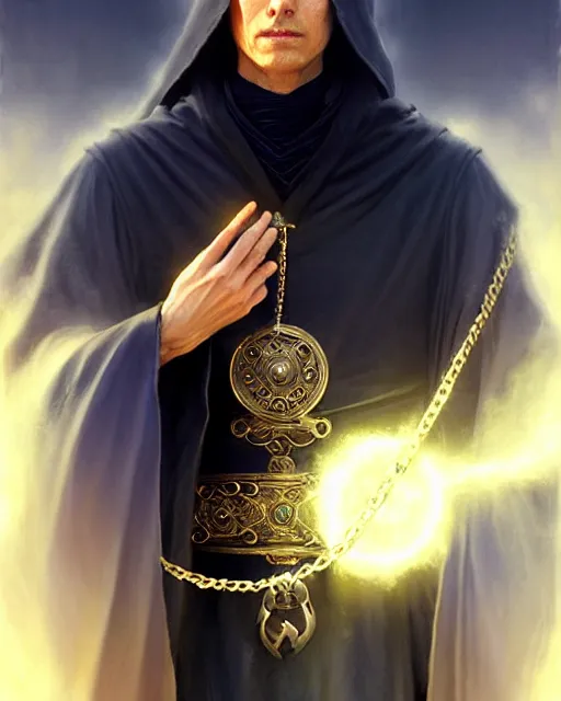 Prompt: handsome mage meditating holding a tellurion! on a chain, long black hair blue eyes wearing leather mantle gothic navy cloak with gold details, cliffside town, fantasy character portrait, hyperrealism, concept art, intricate details, highly detailed by greg rutkowski, ilya kuvshinov, gaston bussiere, craig mullins, simon bisley