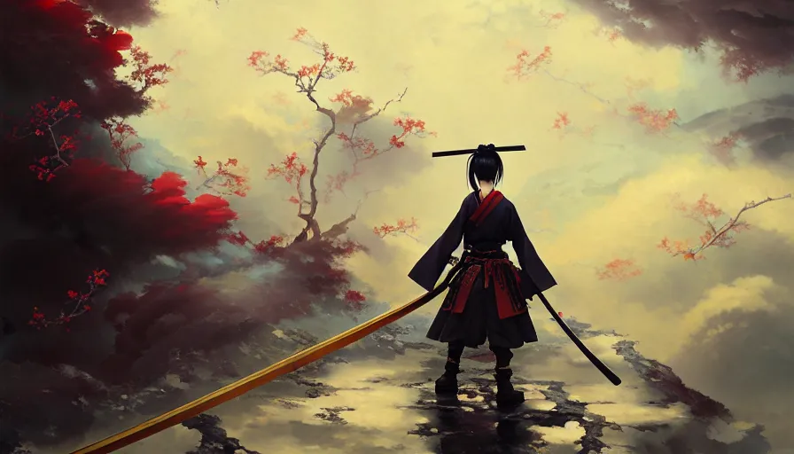 Image similar to baroque oil painting of key visual great samurai war, female samurai, rain, storm, final fantasy, fake detail, trending pixiv fanbox, acrylic palette knife, style of makoto shinkai takashi takeuchi yoshiyuki sadamoto greg rutkowski chiho aoshima