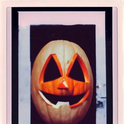 Prompt: polaroid of a creepy smiling halloween mask