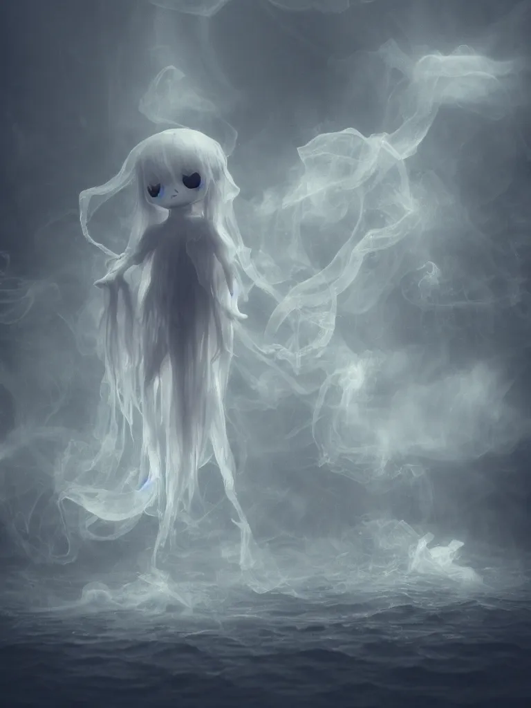 Image similar to cute fumo chibi plush beautiful ectoplasmic gothic skeletal jellyfish ghost girl, glowing milky wisps of hazy smoke and volumetric fog on a stormy reflective river, lens flare, subsurface scattering, vignette, asymmetry, bokeh, refraction, vray