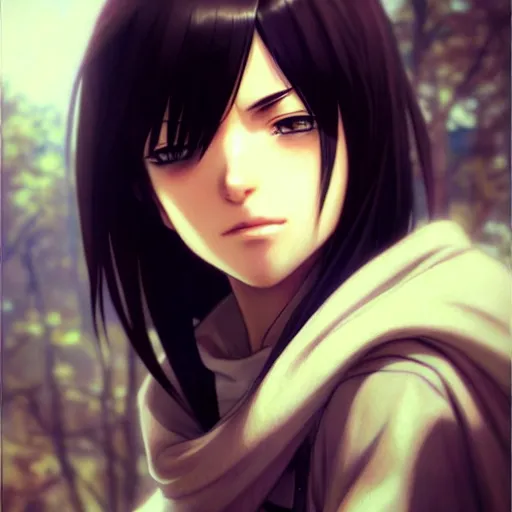 Image similar to mikasa ackerman, bokeh, beautiful face!!!!, 2 7 years old, cg animation, lifelike, animated, realistic, character select portrait, by artgerm, greg rutkowski, alphonse mucha, 3 d