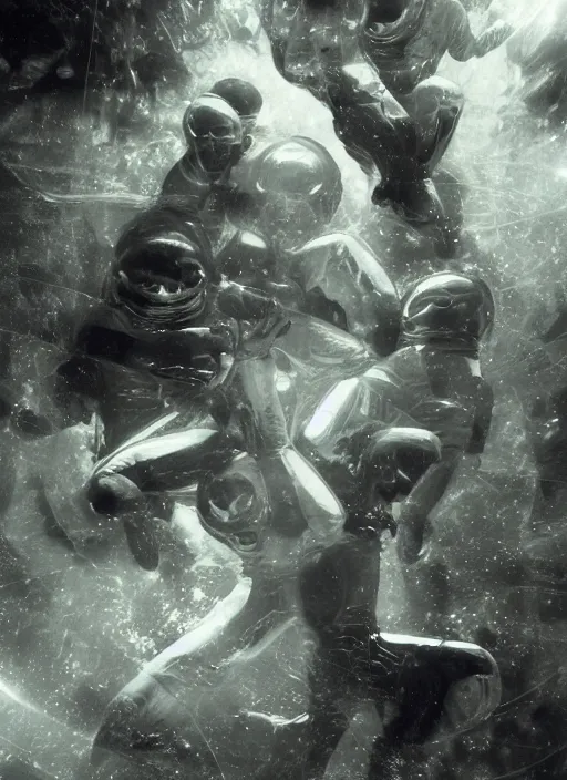 Image similar to astronauts in dark and empty void underwater - complex and dynamic composition. reflection and dispersion materials. rays and dispersion of light. volumetric light. 5 0 mm, f / 3 2. noise film photo. flash photography. ultra realistic, motion blur poster by wayne barlowe, hajime sorayama aaron horkey, craig mullins. dark key.