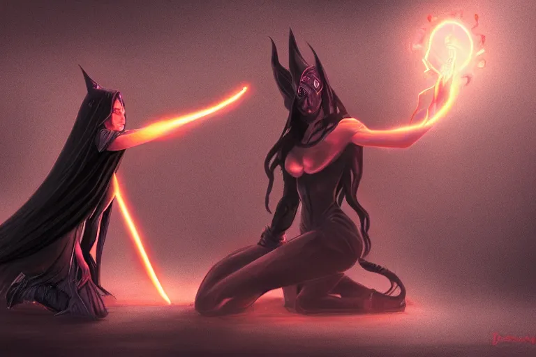 Image similar to the silhouette of the dark sorceress as she bestows her magic upon her disciple, which is kneeling in front of her, concept art, trending on artstation HD, glowing magic,