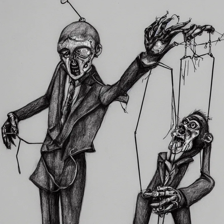 Prompt: a marionette puppet hanging limp with blood running from his eyes, 2 d sketch in pen, highly detailed, horror themed, stark light and shadows