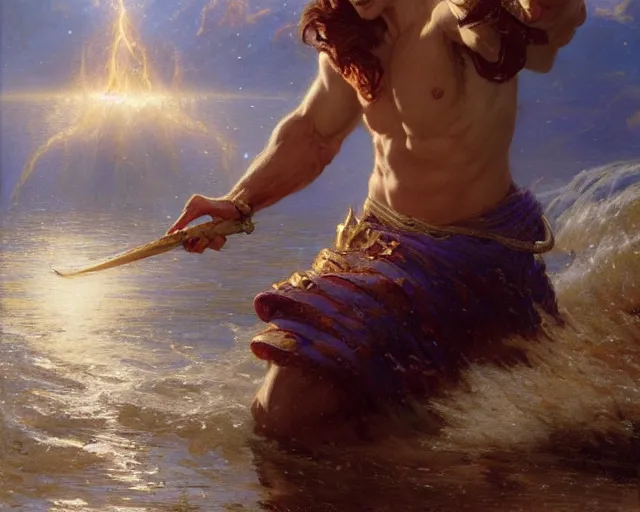 Image similar to attractive male wizard casting powerful giant tsunami spell in a beautiful lake. highly detailed painting by gaston bussiere, craig mullins, j. c. leyendecker 8 k