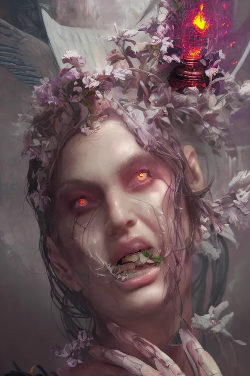 Image similar to face closeup of beautiful girl necromancer, witch - doctor exploding into flowers, angels, 3 d render, hyper - realistic detailed portrait, holding fire and electricity, ruan jia, wlop. scifi, fantasy, magic the gathering, hyper detailed, octane render, concept art, peter mohrbacher