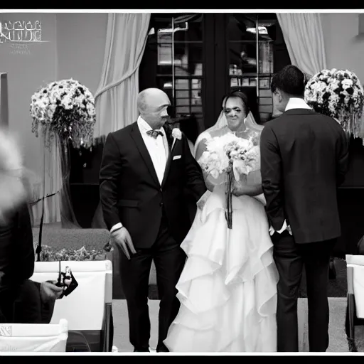 Prompt: a lovely gay wedding between a middle aged balding white man and a young brown skinny Latino man