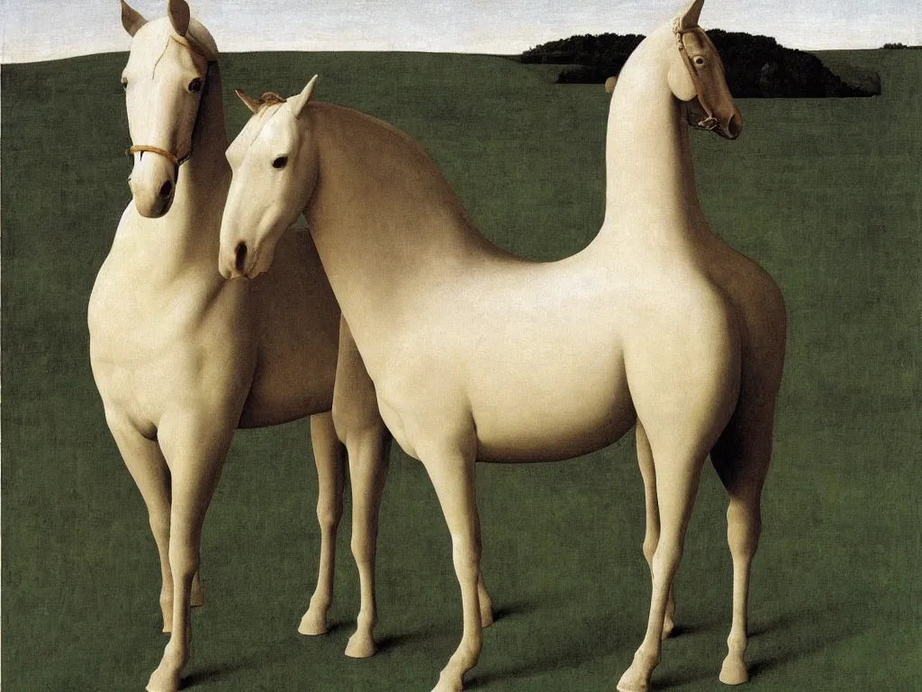 Image similar to Horse dressed in white cloth. Water vase. Painting by Alex Colville, Piero della Francesca, Zurbaran