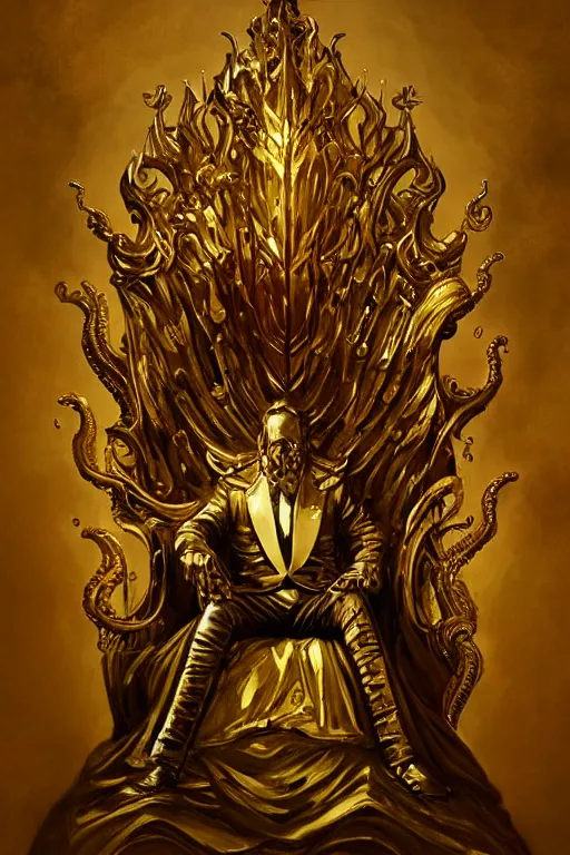 Image similar to lovecraftian gilded king on a throne, gold accents, digital art, in the style of greg rutkowski, trending on artstation