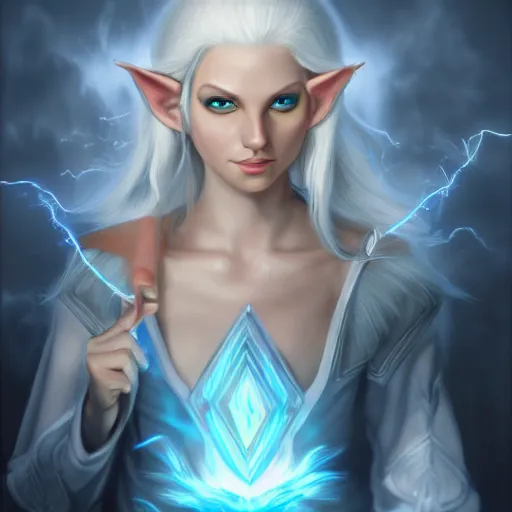 Prompt: Beautiful white haired fair skinned scholar elf with spell scroll and lightning background, realism, digital painting, detailed artwork, portrait, mythical, artstation