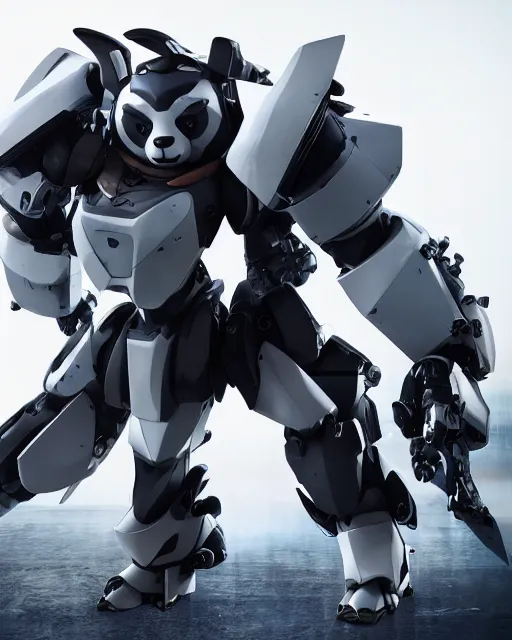 Prompt: futuristic panda mecha, azure details, panda armor, 8 k hd resolution, barbatos gundam, bandai box art, zoids, makoto kobayashi, frank gehry, raymond swanland, unreal engine 5, octane render, cgi,