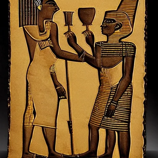 Prompt: pharaonic drawing on papyrus of a Pharaoh proposing to his lover