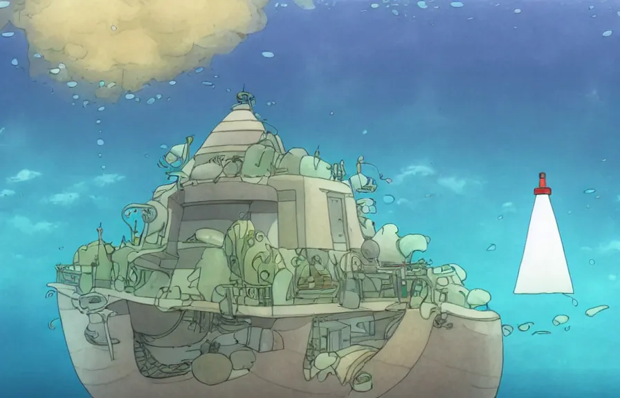 Image similar to a realistic studio ghibli cell shaded cartoon showing an underwater submarine. in the background is a white pyramid with a gold capstone underwater at the bottom of the sea. wide shot, very dull muted colors, hd, 4 k, hq