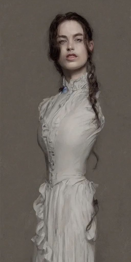 Image similar to a beautiful longshot portrait of a tall thin stunning Victorian model in a high-collared grey and white dress on the beach in the movie The Piano, intricate, elegant, highly detailed, artstation, concept art, smooth, sharp focus, illustration, award-winning, masterpiece, in the style of george clausen