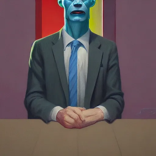 Image similar to Portrait of a man wearing a business suit with Metamorphosis head, very coherent, painted by Edward Hopper, Wayne Barlowe, painted by James Gilleard, airbrush, art by JamesJean