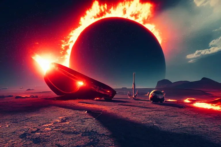 Image similar to crashed spaceship on fire. the spaceship is on a desert world planet. The atmosphere is full with raining debris. There are three moons in the sky, and one shooting star in the background. Dramatic lighting. hyper-realistic photo artistic trending on artstation beautiful scenic octane render reddish hue highly detailed, 8k, epic composition