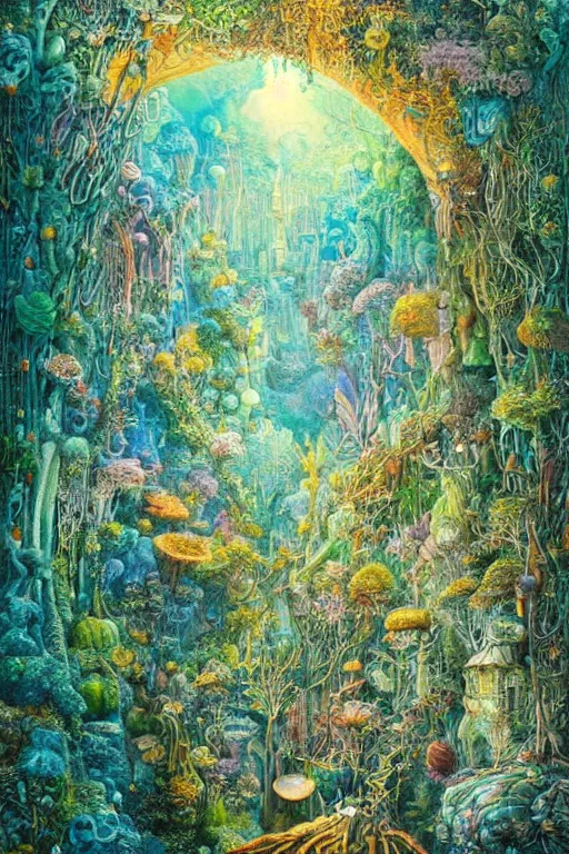 Image similar to the most epic beautiful detailed landscape to give us hope that life is worth living in a surreal depth, world in a orange green fantasy forrest style of daniel merriam concept art