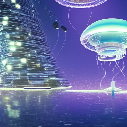 Prompt: a futuristic city on top of a jellyfish floating through space