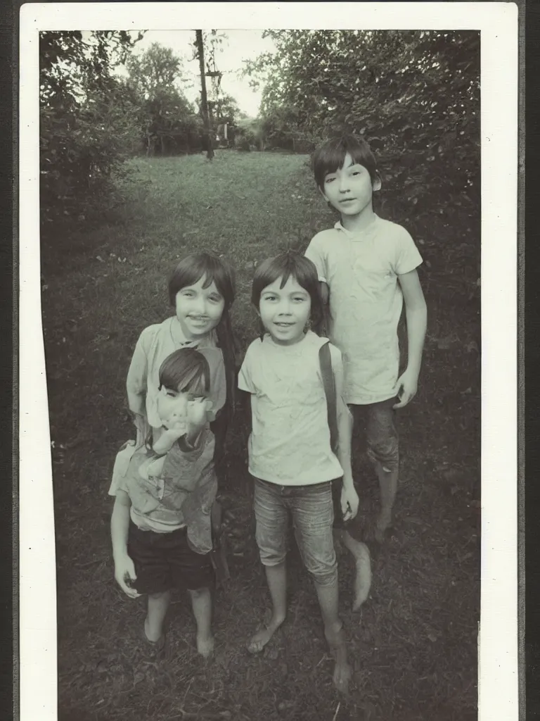 Image similar to two kids posing for a picture at night, god light, small village, town square, vegetation, 1 9 7 0 s, polaroid