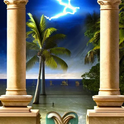 Image similar to Doric temple on front of balustrade and palace columns, refracted lightnings on the ocean, thunderstorm, tarot cards characters, beach and Tropical vegetation on the background major arcana sky and occult symbols, by paul delaroche, hyperrealistic 4k uhd, award-winning, very detailed paradise