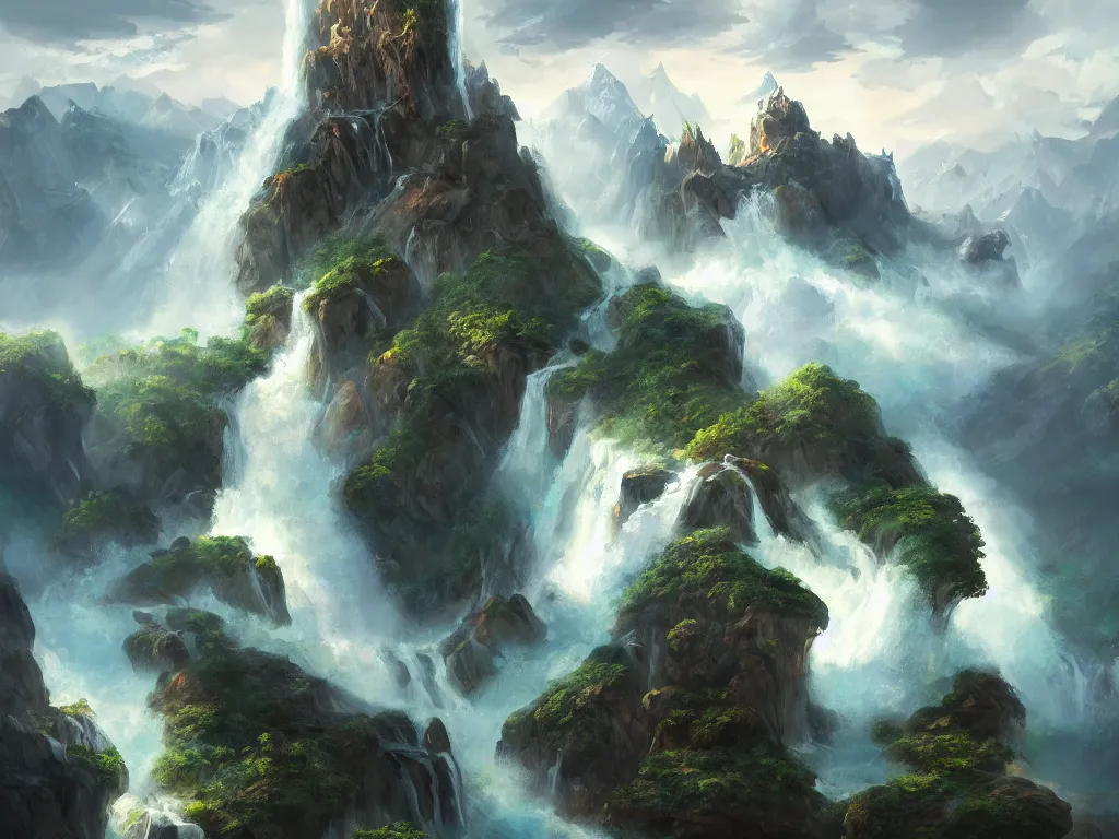 Image similar to A beautiful concept art painting of a giant levitating mountain island with waterfalls falling off its edges, by Natasha Tan, trending on artstation, dramatic lighting