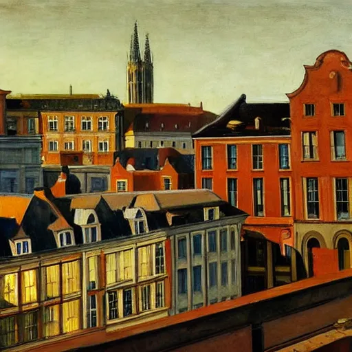 Image similar to leuven city scape in the style of edward hopper