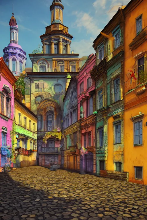 Image similar to lviv, colorful, matte background : 0. 9 | by jim henson : 0. 7 | dave melvin : 0. 4 | unreal engine, deviantart, artstation, octane, finalrender, concept art, hd, 8 k resolution : 0. 8