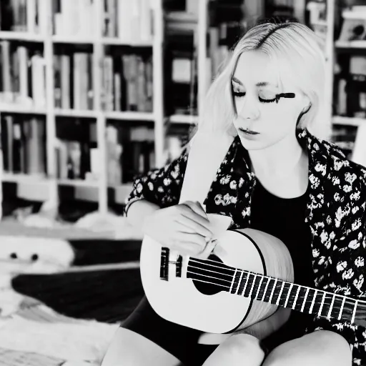 Prompt: Phoebe Bridgers playing a ukulele, black and white photo