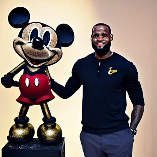 Prompt: Lebron James Holding a statue of mickey mouse
