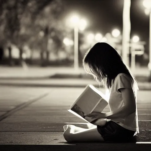 Image similar to a girl reading book, hair flowing down, city park, street lights, contrast, dramatic, by Noel Coypel