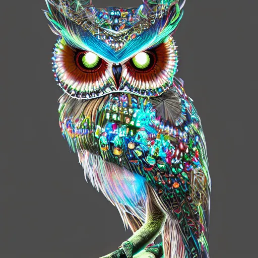 Prompt: detailed portrait of a magical lights owl, wearing a diamond crown, glowing feathers, halfway through, hyper detailed, stylistic, symmetrical, ethereal bohemian, detailed render, 8 k, octane render
