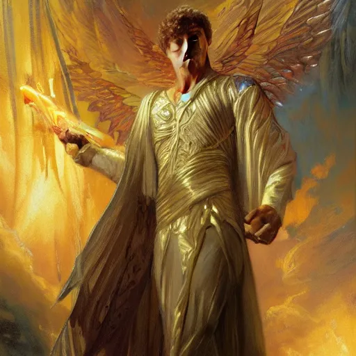 Image similar to attractive male deity casts light spell, summons attractive male lucifer morningstar. highly detailed painting by gaston bussiere, craig mullins, j. c. leyendecker 8 k