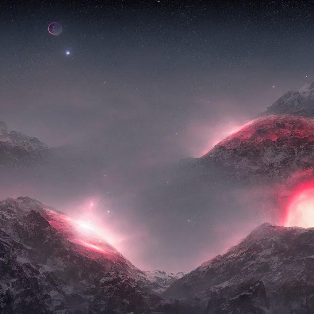 Prompt: A heavily-forested valley surrounded by snow-capped mountains at night, a red nebula and orange gas giant with rings in the sky, no clouds, sci-fi, photorealistic, landscape