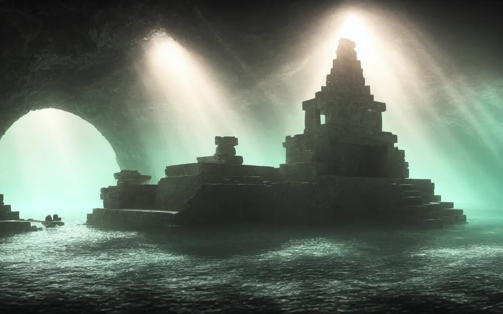 Image similar to wide shot, submerged pre - incan temple, dark, grenada underwater sculpture park, bubbles, abyss, stylized, anime style mixed with fujifilm, detailed gouache paintings, crepuscular rays, dark, murky, foggy, atmospheric, artstation, cgsociety, octane render, cgi, unreal engine 5, denoise, cinematic masterpiece